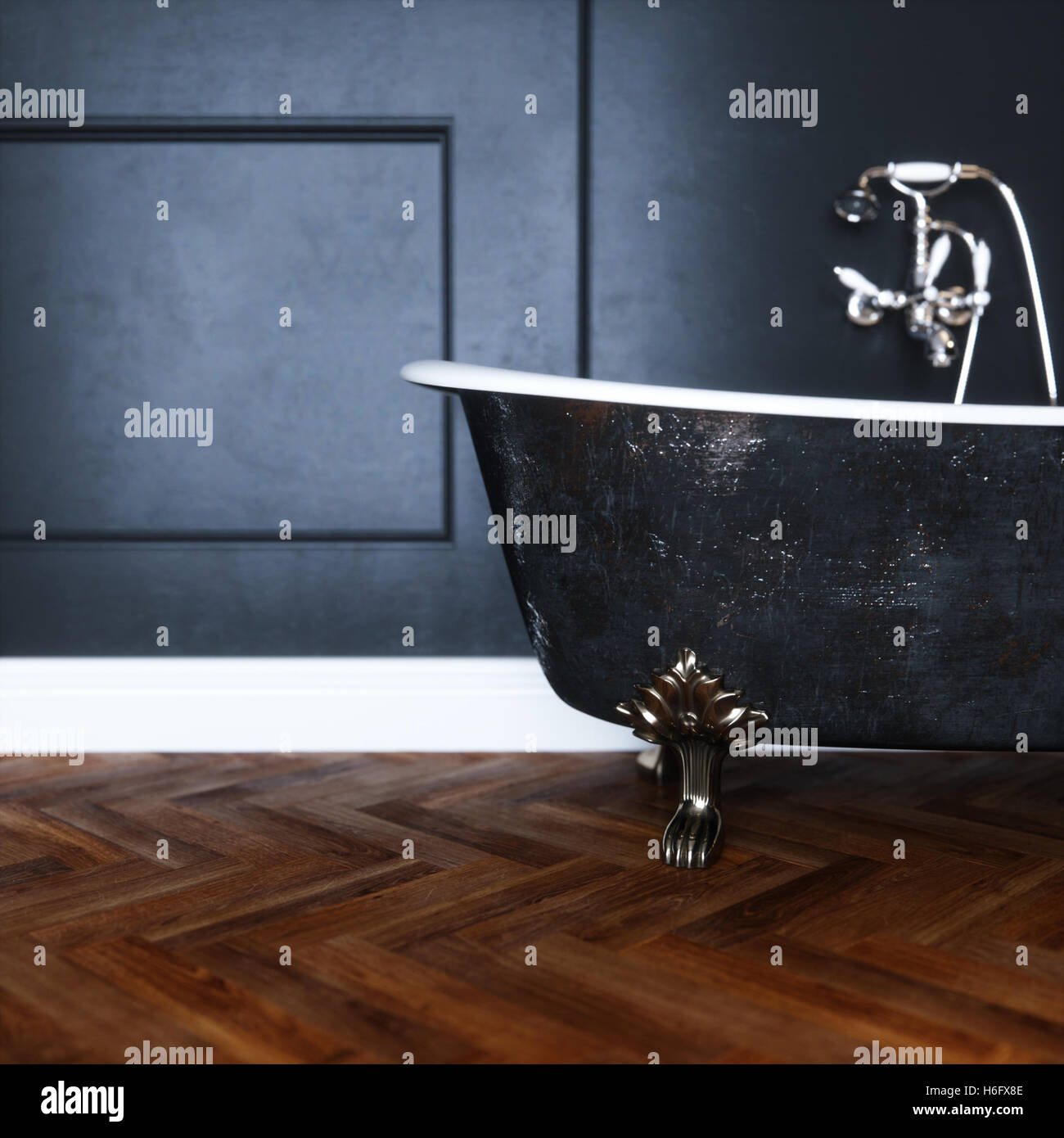 Vintage black bathtub with silver legs in antique interior with classic