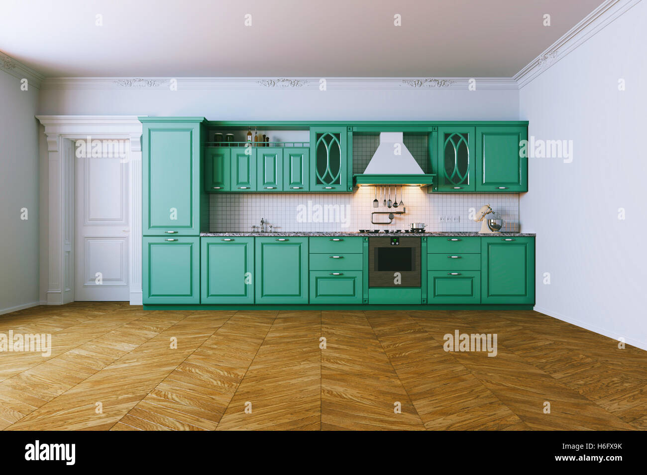 Wooden blue kitchen interior in classic style view 2 . 3d render Stock ...