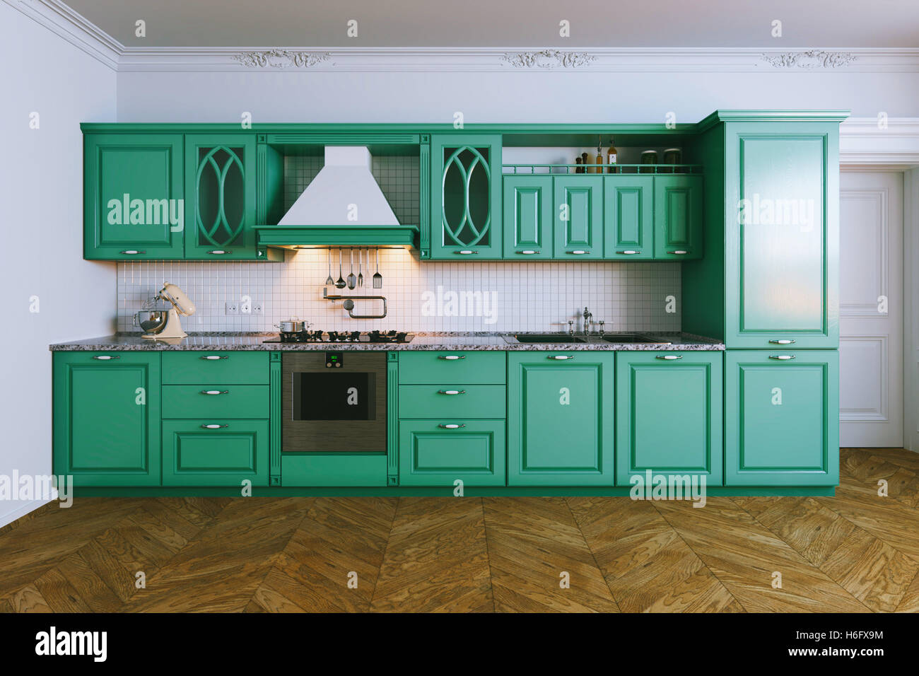Wooden blue kitchen interior in classic style view 3 . 3d render Stock ...