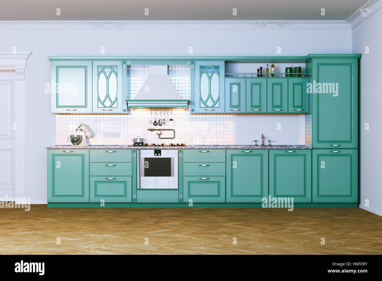 Wooden blue kitchen interior in classic style view 4 . 3d render Stock ...