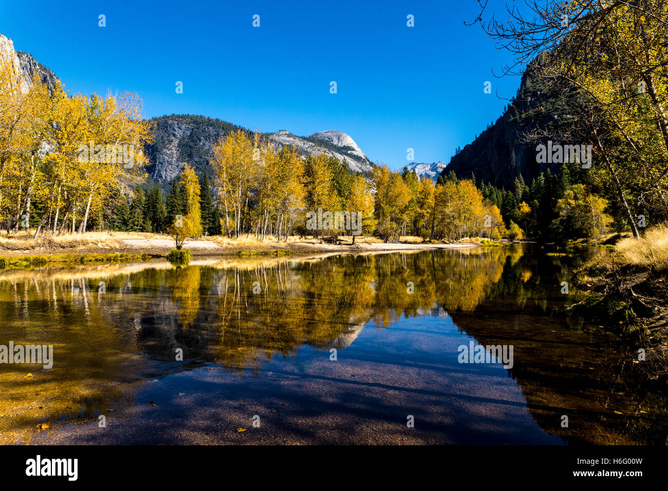A calm Merced River from Sentinel Beach in Yosemite National Park California USA in October 2016 Stock Photo