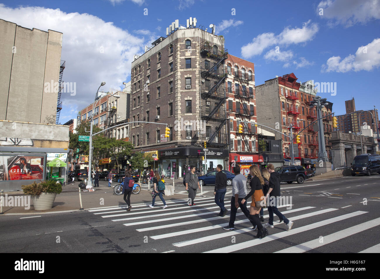 Buildings on Delancey Street at the entrance to the Williamsburg Bridge in Manhattan, New York