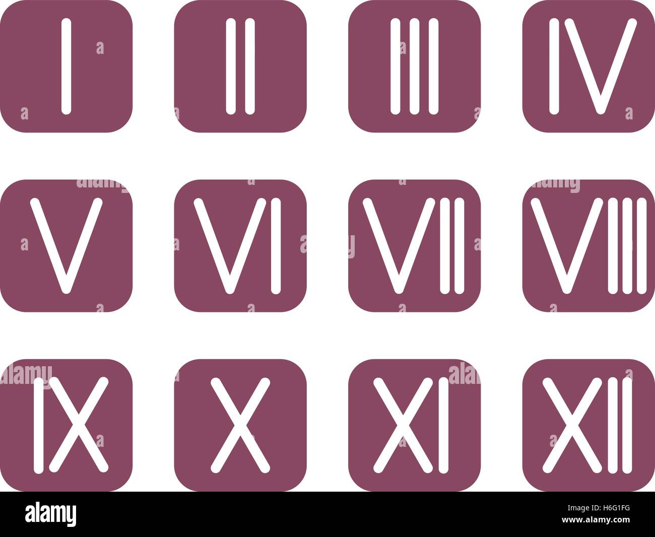 Set Roman numerals 1-12 icon. 12 square colored buttons. vector Stock Vector