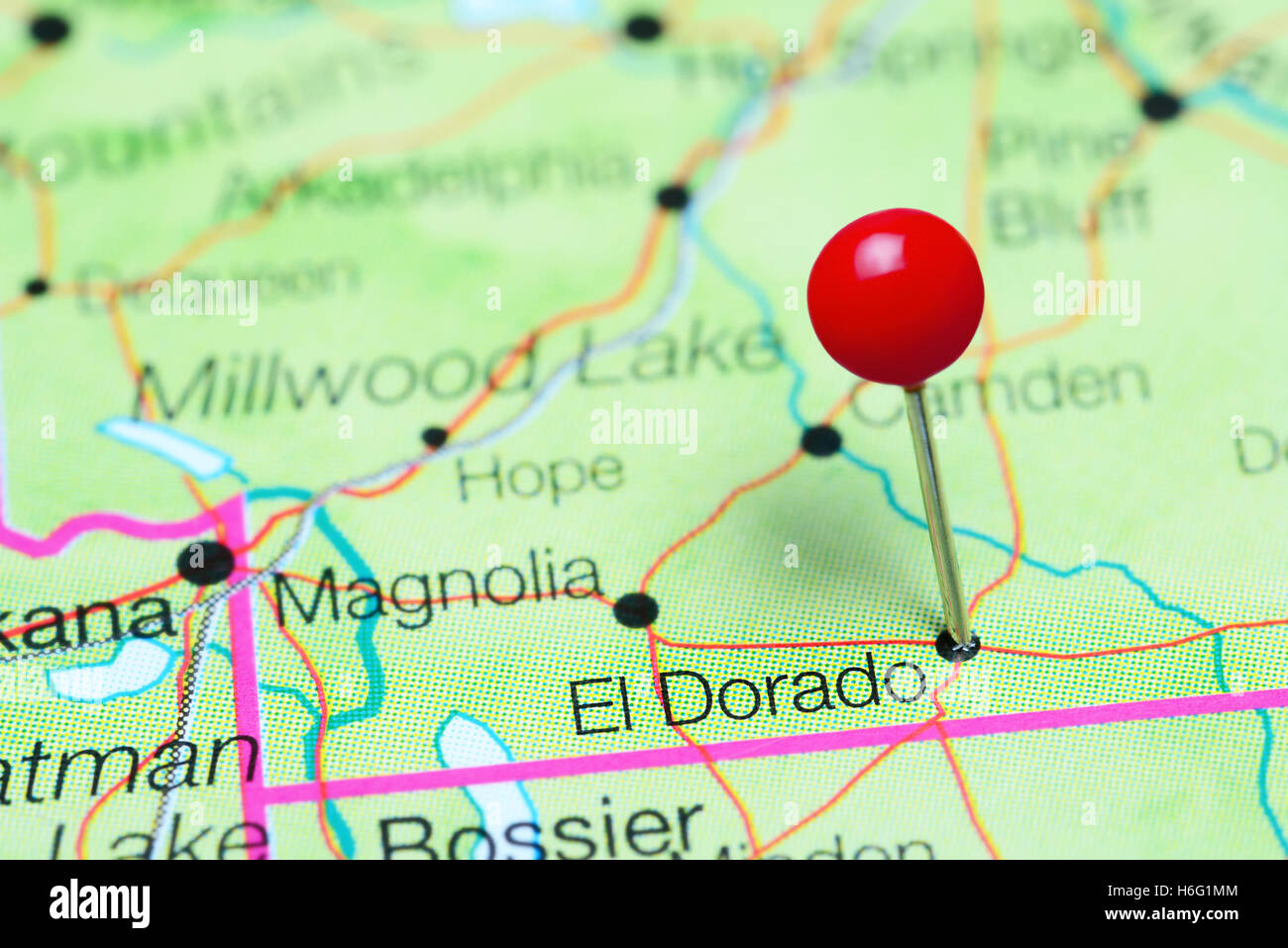 El Dorado pinned on a map of Arkansas, USA Stock Photo