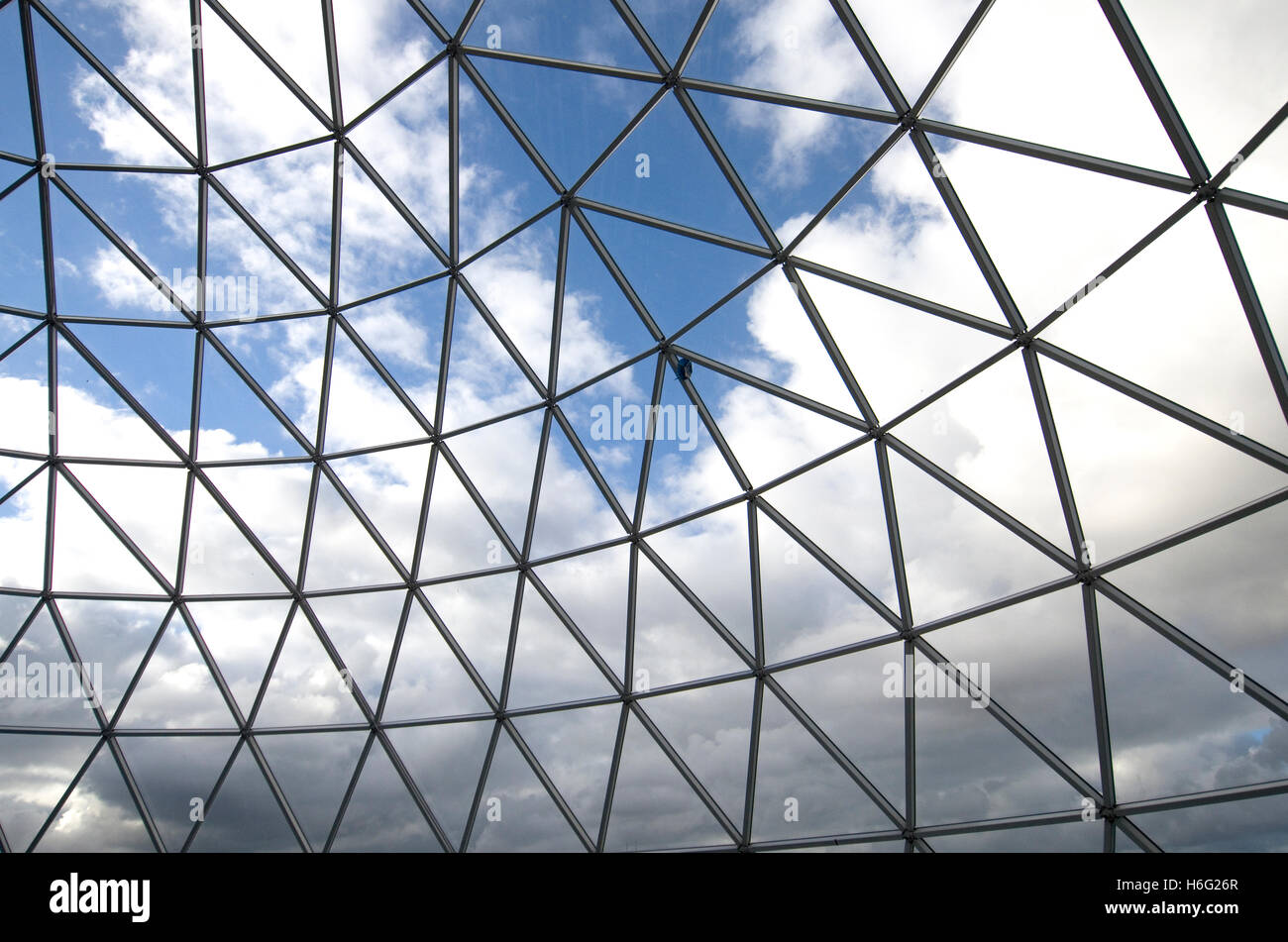 Geodesic structure with cloudy blue sky. Viewing platform on top of Victoria Square shopping center Belfast. Stock Photo