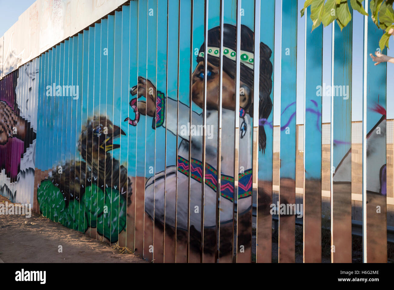 Agua Prieta, Sonora, Mexico - Painting on the U.S.-Mexico border fence. Stock Photo
