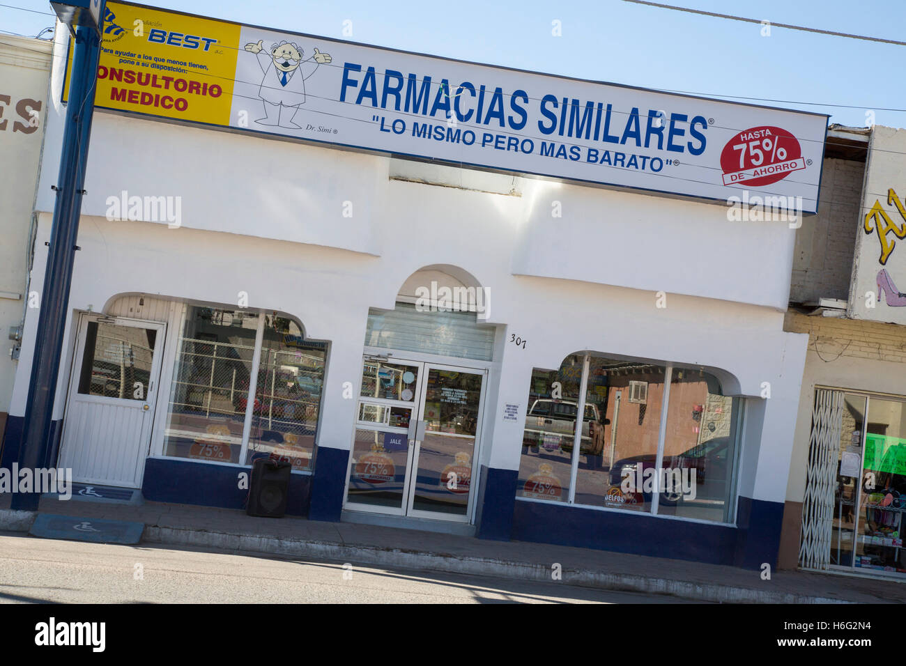 Agua Prieta, Sonora, Mexico - A pharmacy near the U.S.-Mexico border crossing offers 'the same thing but cheaper.' Stock Photo