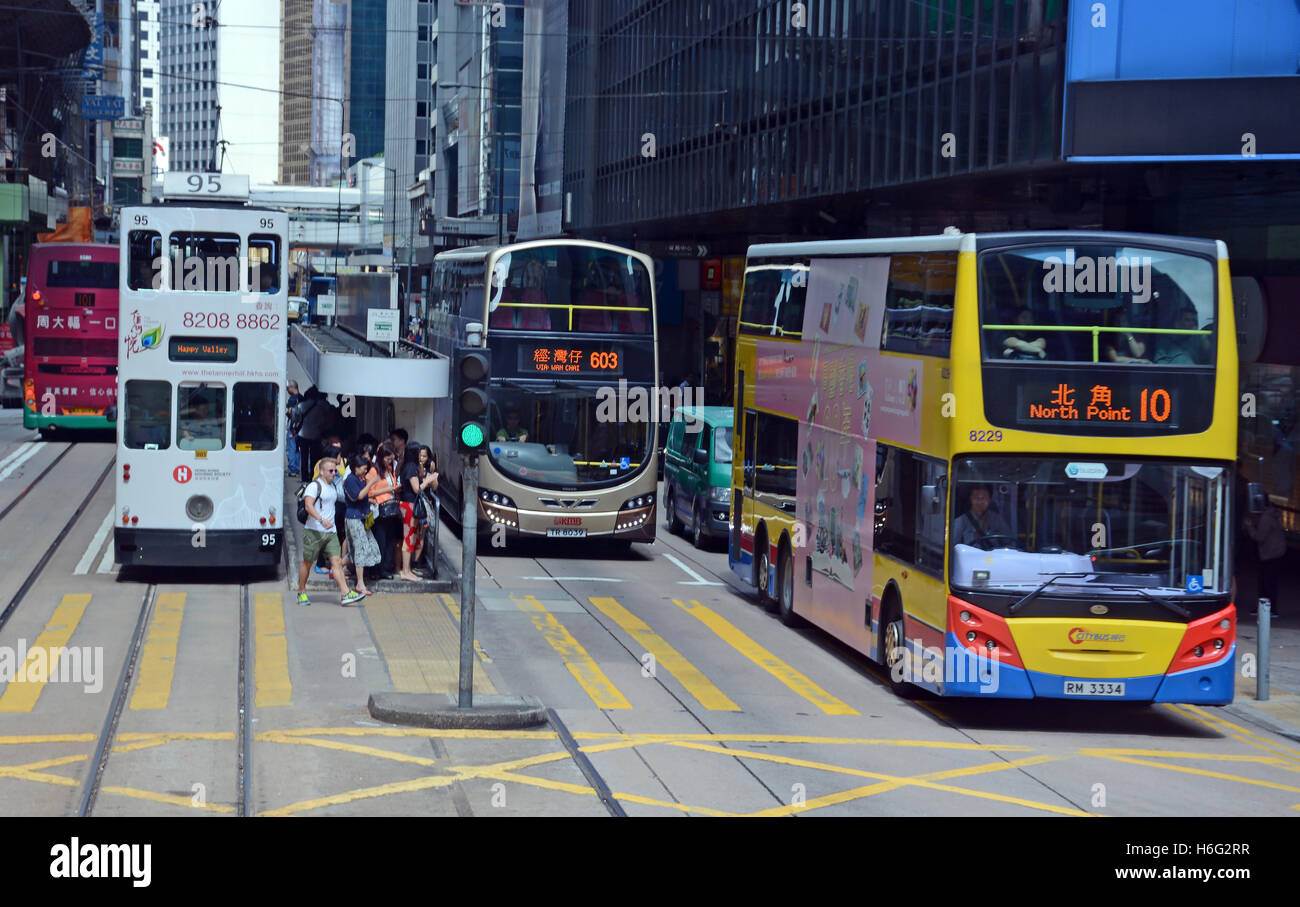 tram and buses Des Voeux road Hong Kong island China Stock Photo
