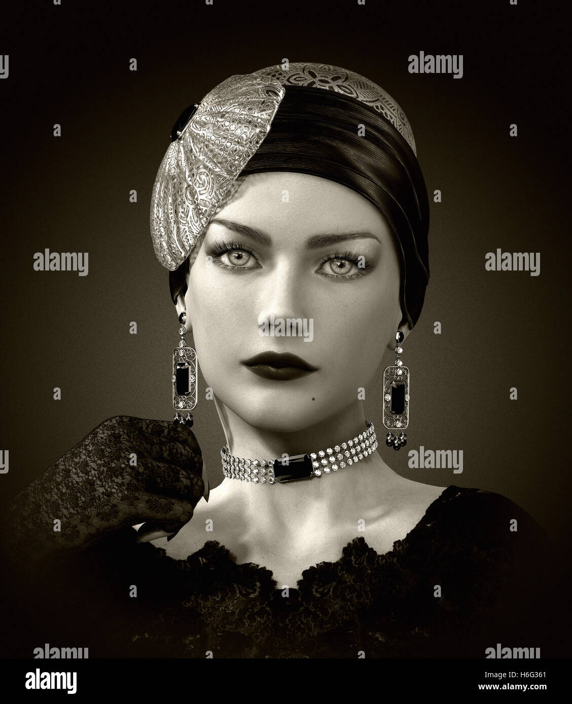 3d computer graphics of a  portrait of a young lady with elegant head cover and jewelry in retro style Stock Photo