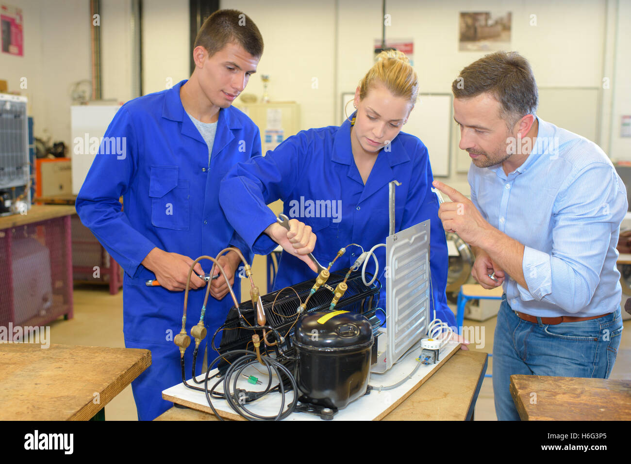Students working with radiator components Stock Photo Alamy