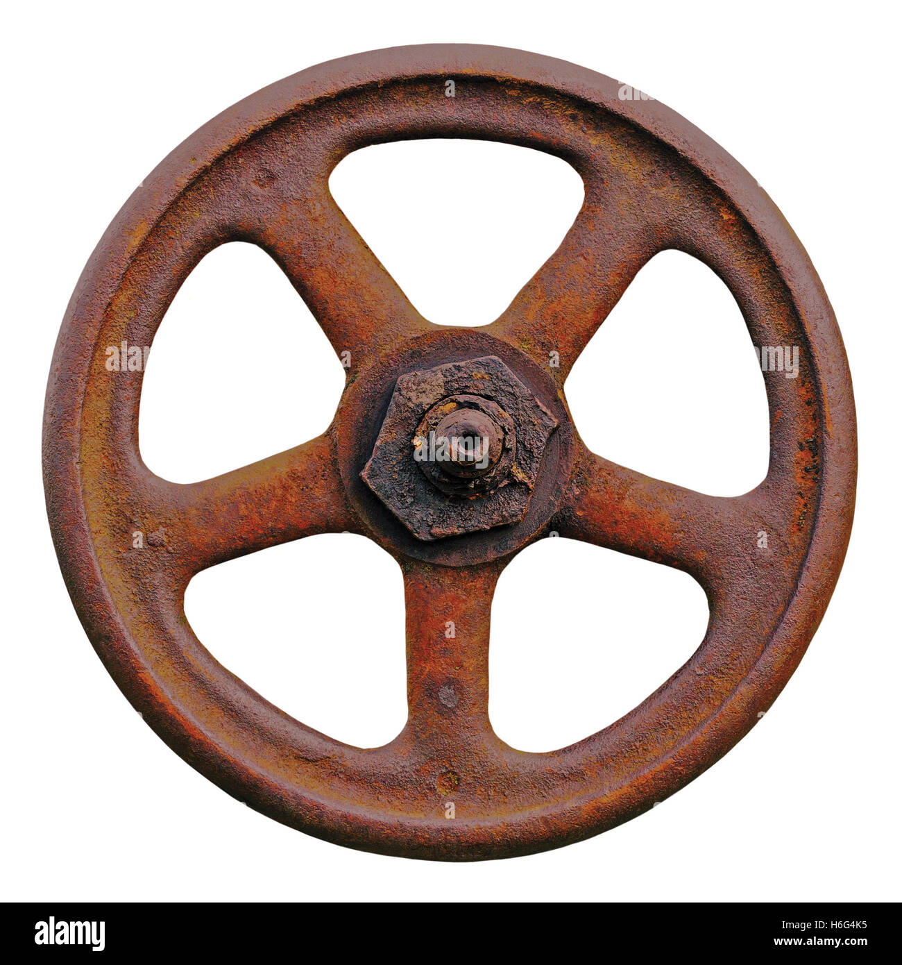 Industrial Valve Wheel And Rusty Stem, Old Aged Weathered Rust Grunge Latch Macro Closeup Isolated Stock Photo