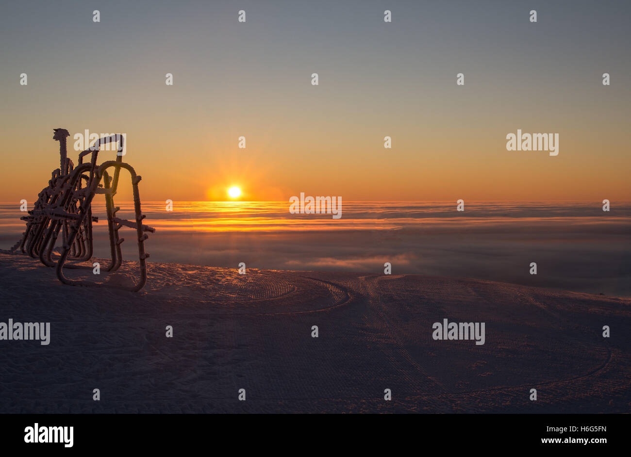 Arctic Sun and Ski Rack,Yllas, Finland Stock Photo