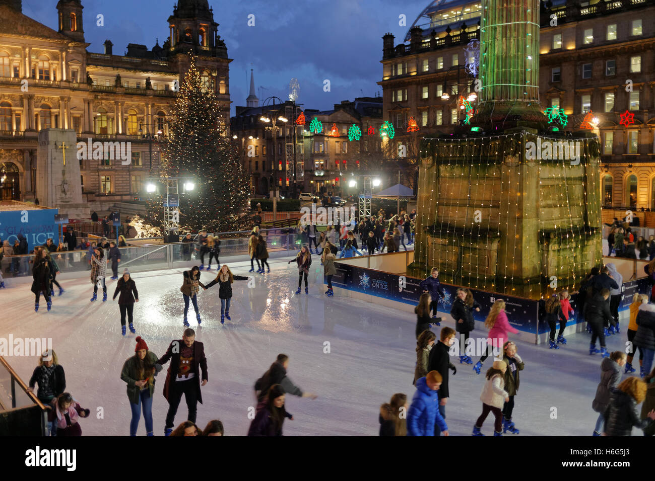 Glasgow Christmas celebration George Square lights ice skating party decorations Glasgow Christmas Market Stock Photo