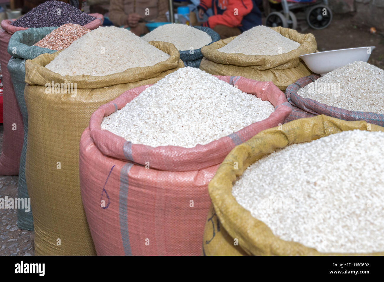 Different rice types, early morning local market, Luang Prabang, Laos Stock Photo