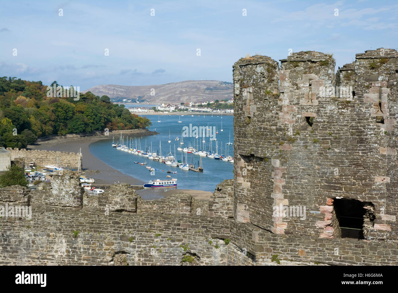 Boats moored on the River Conwy taken from the walls of Conwy Castle. Stock Photo