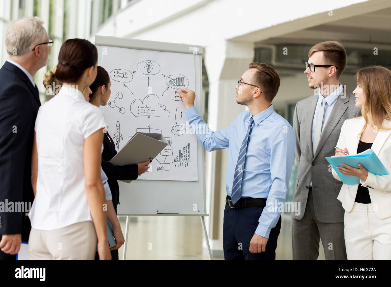 business team with scheme on flip chart at office Stock Photo