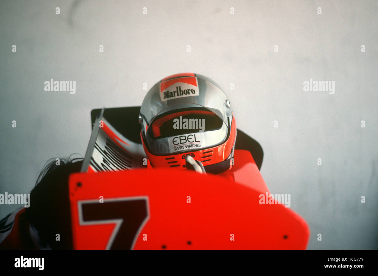 John Watson's crash helmet on McLaren rear wing Stock Photo