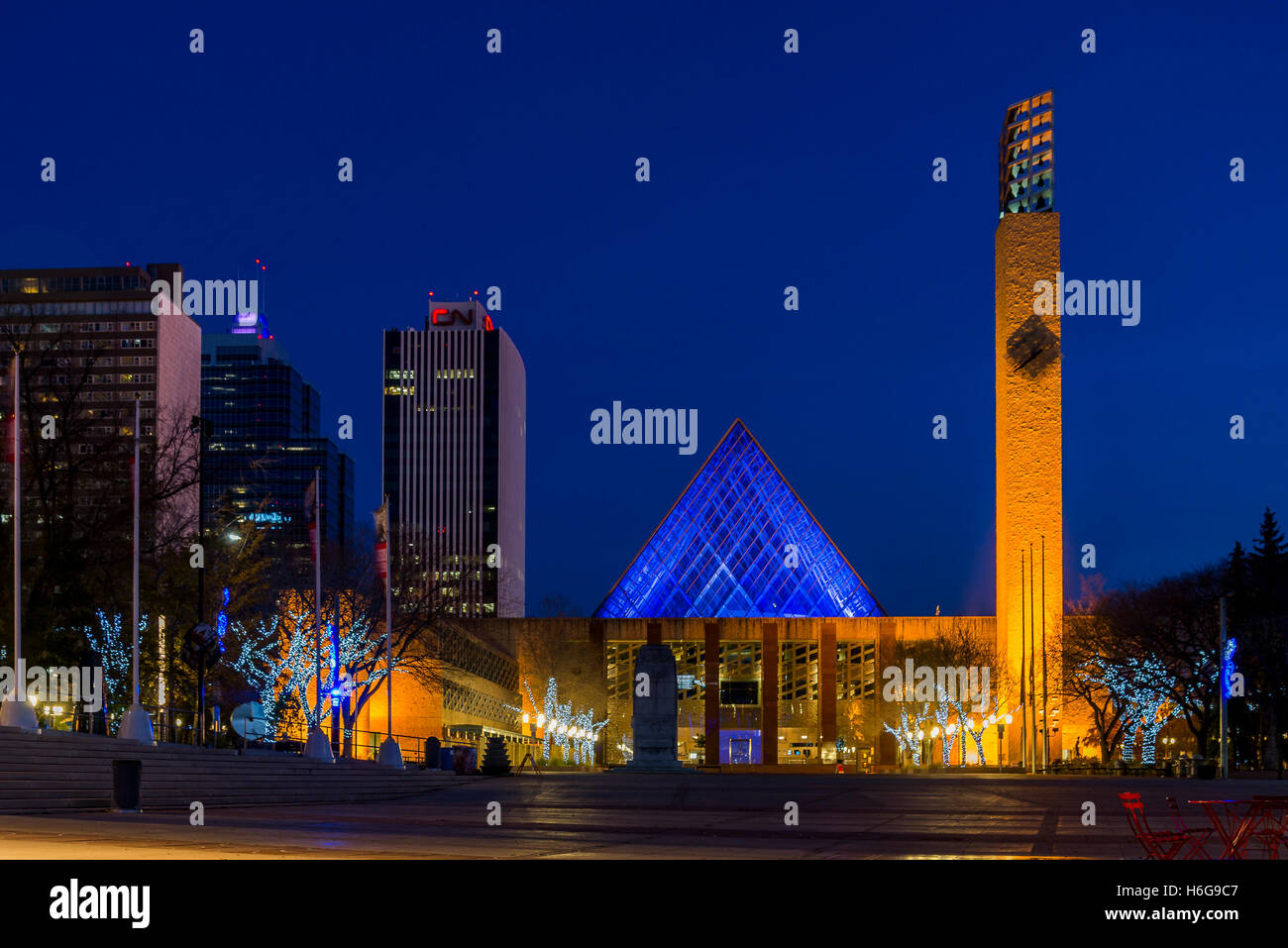Alberta canada city hall edmonton night pyramid hires stock