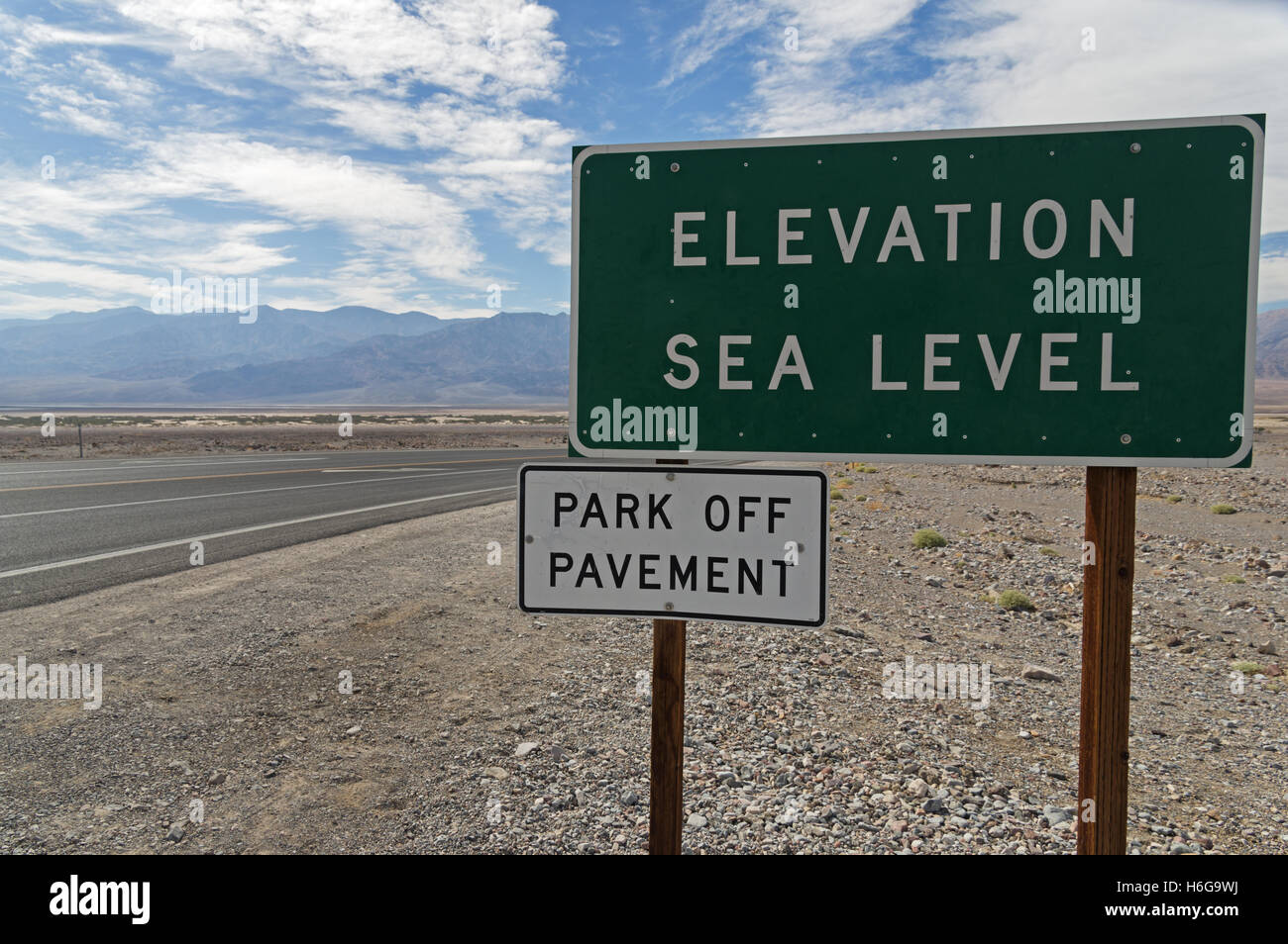 elevation sea level sign in Death Valley National Park Stock Photo