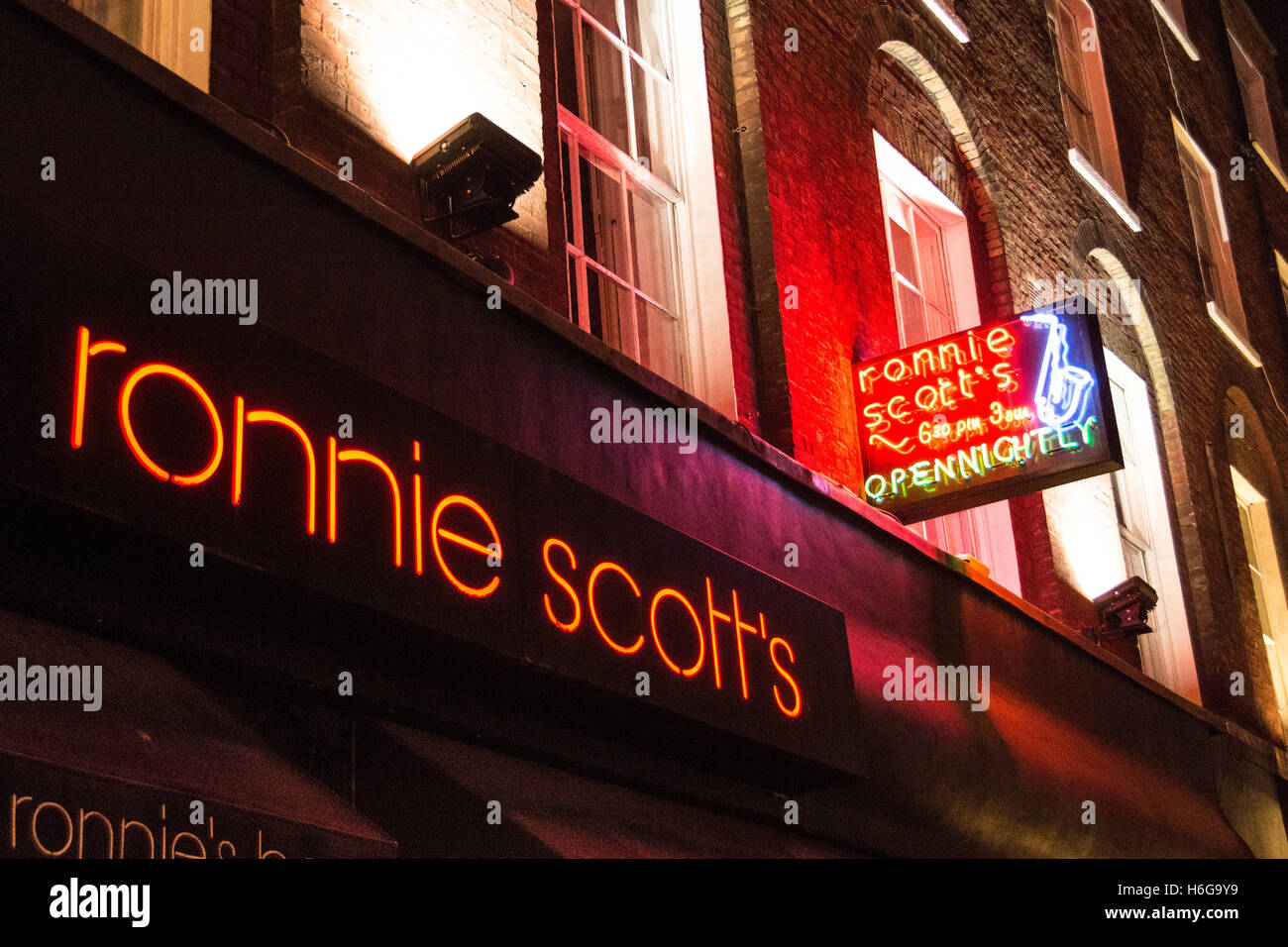 Night-time view of Ronnie Scott's Jazz Club in Soho, London, UK, Europe Stock Photo