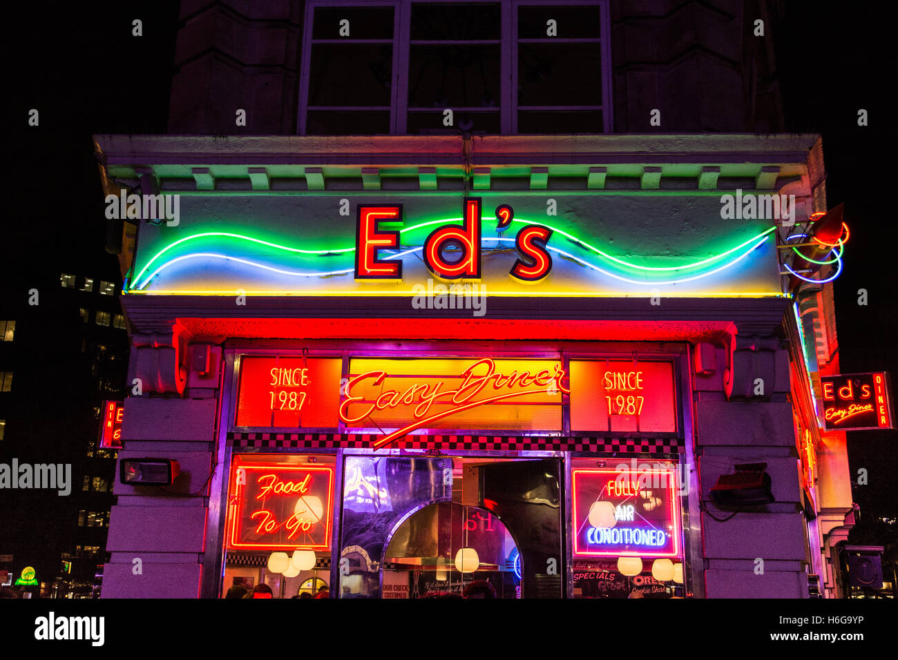 Night Time neon exterior of Ed's Easy Diner fast-food restaurant, Old ...