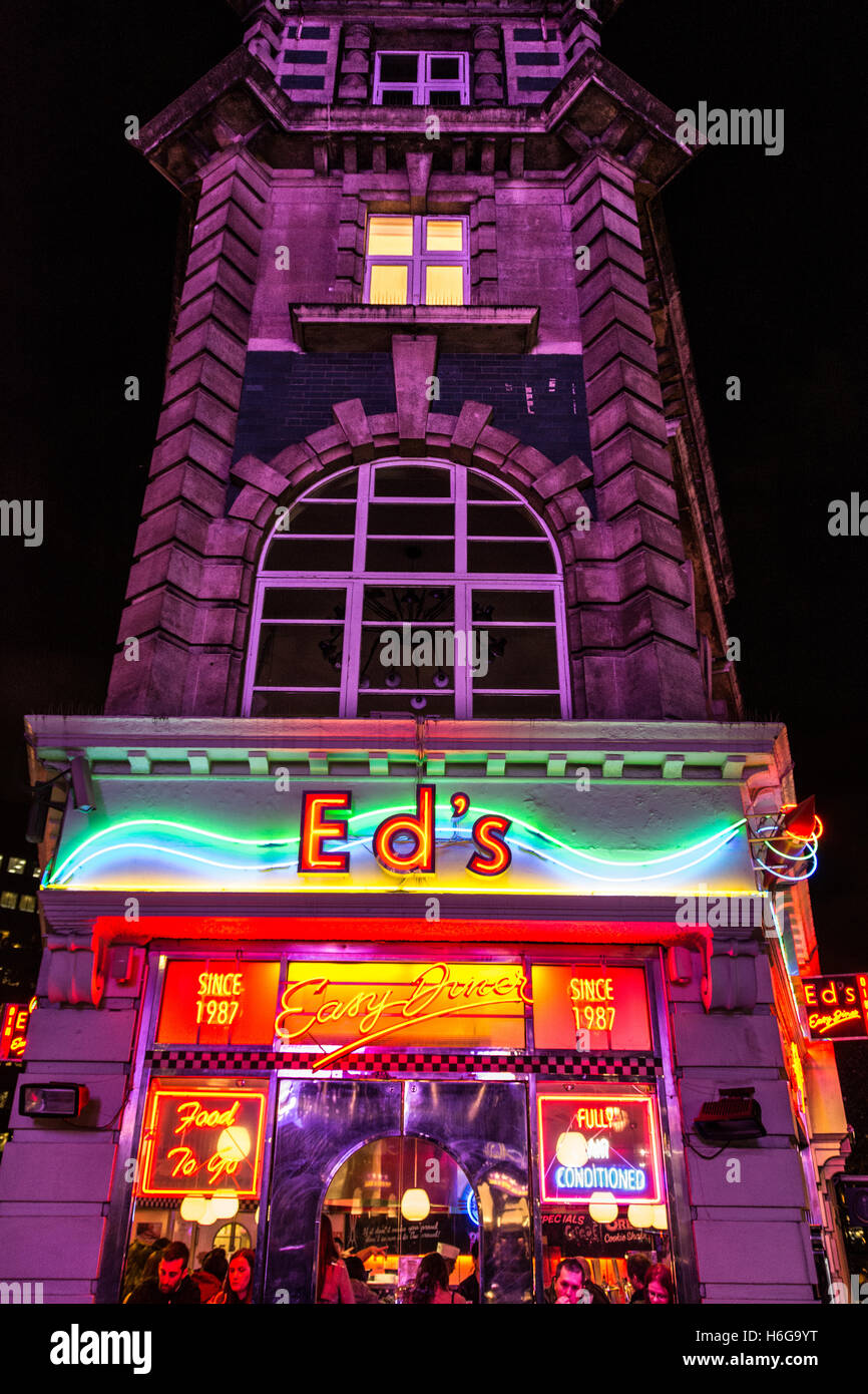 Night time neon exterior of Ed's Easy Diner fast food restaurant, Old Compton Street, Soho, West End, London, England, UK Stock Photo