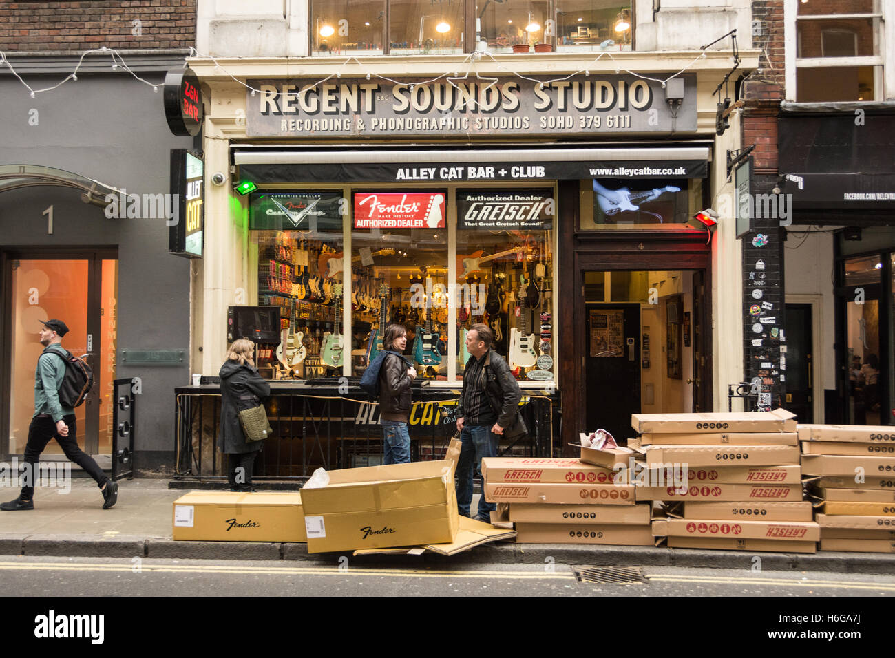 The few remaining music shops on a soon to be demolished Denmark Street, London, UK Stock Photo