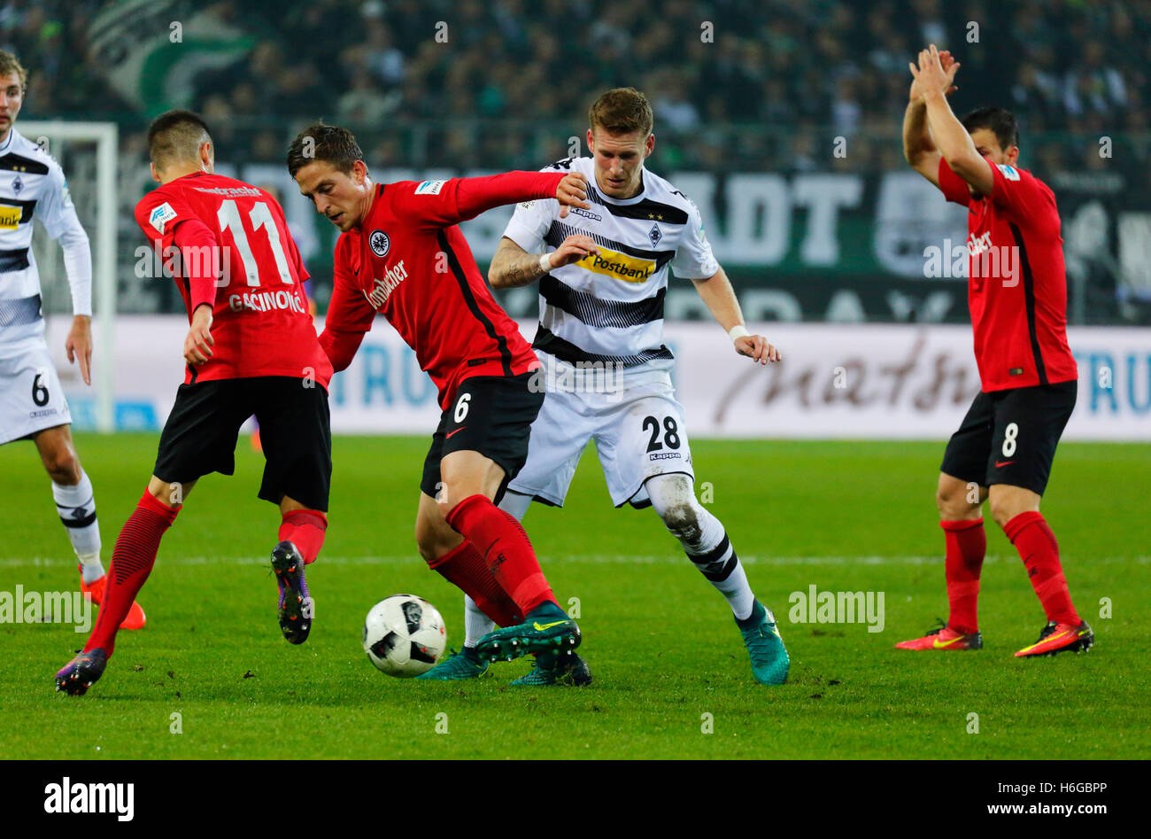 sports, football, Bundesliga, 2016/2017, Borussia Moenchengladbach versus Eintracht Frankfurt 0:0, Stadium Borussia Park, scene of the match, f.l.t.r. Christoph Kramer (MG), Mijat Gacinovic (Frankfurt), Bastian Oczipka (Frankfurt), Andre Hahn (MG), Szabolcs Huszti (Frankfurt) Stock Photo