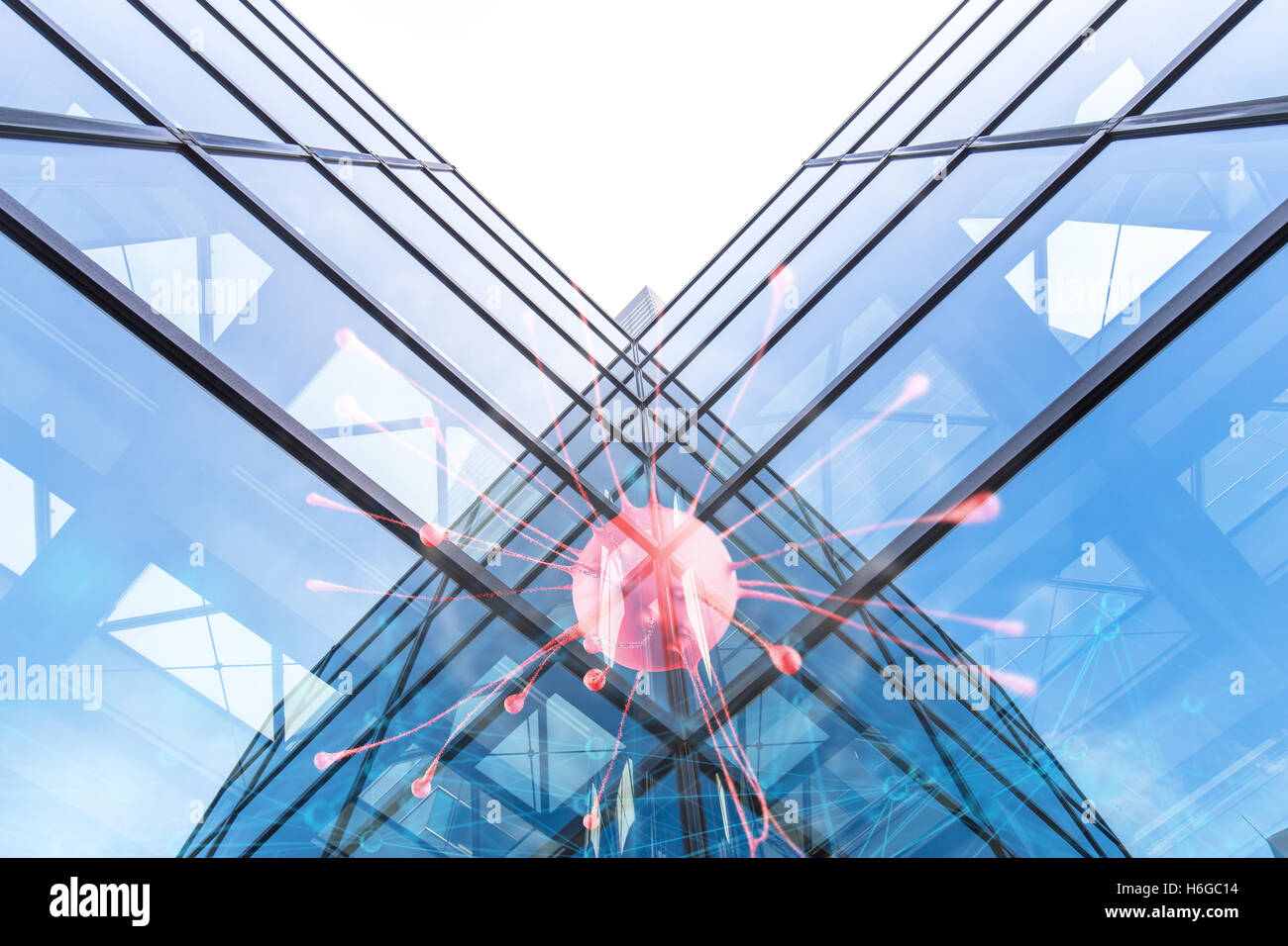sign of red neuron on wall of modern buildings with glass wall in tokyo Stock Photo