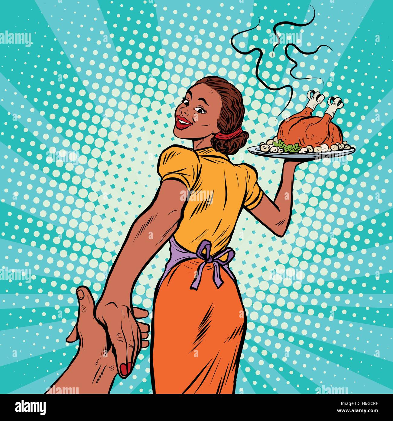 follow me African-American housewife with roast Turkey Stock Vector