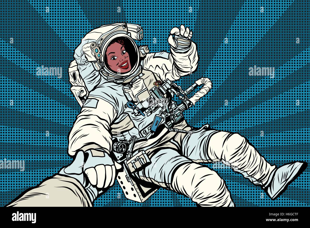 Woman astronaut African American gesture OK Stock Vector