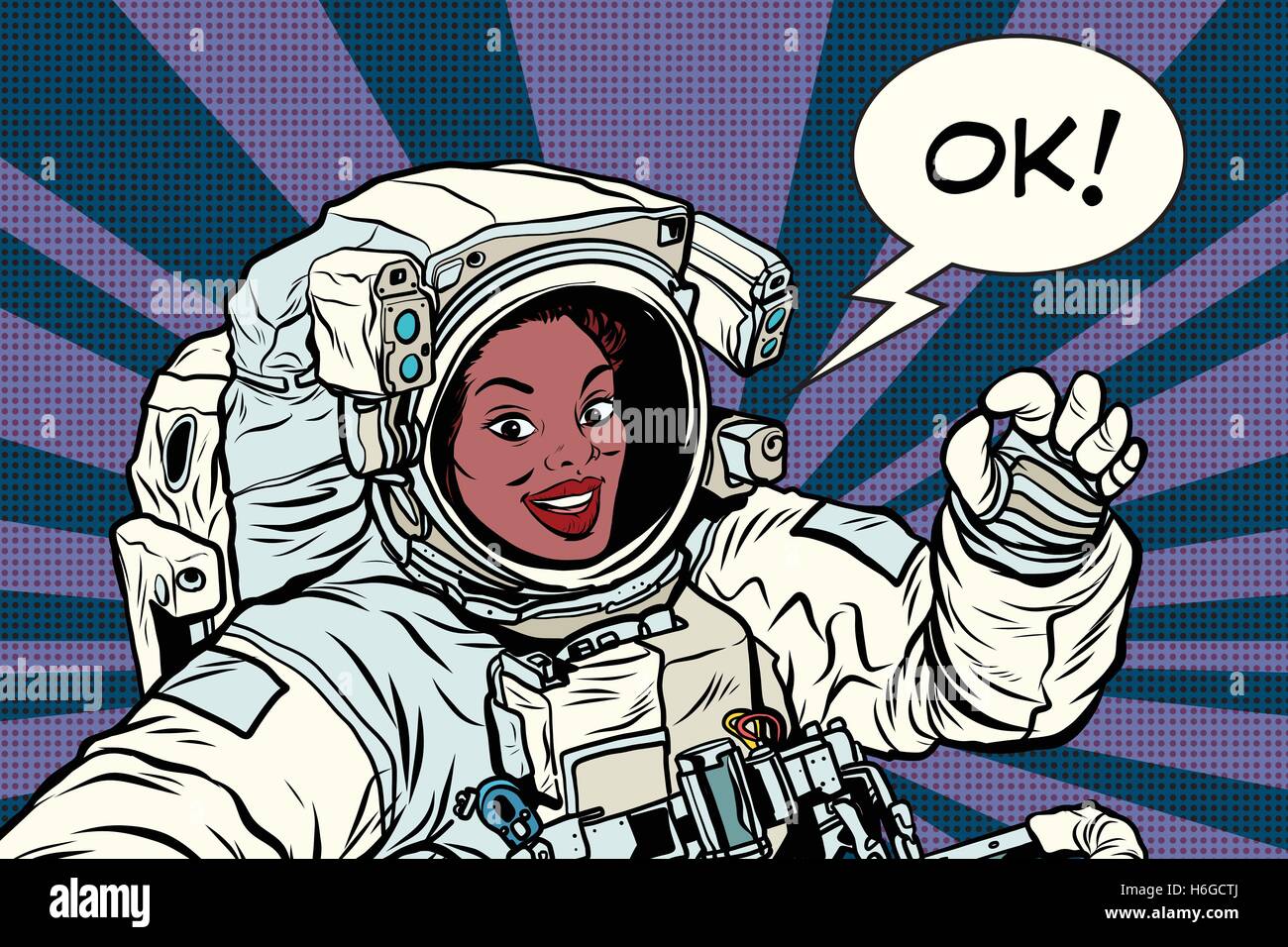 OK gesture woman astronaut in a spacesuit Stock Vector
