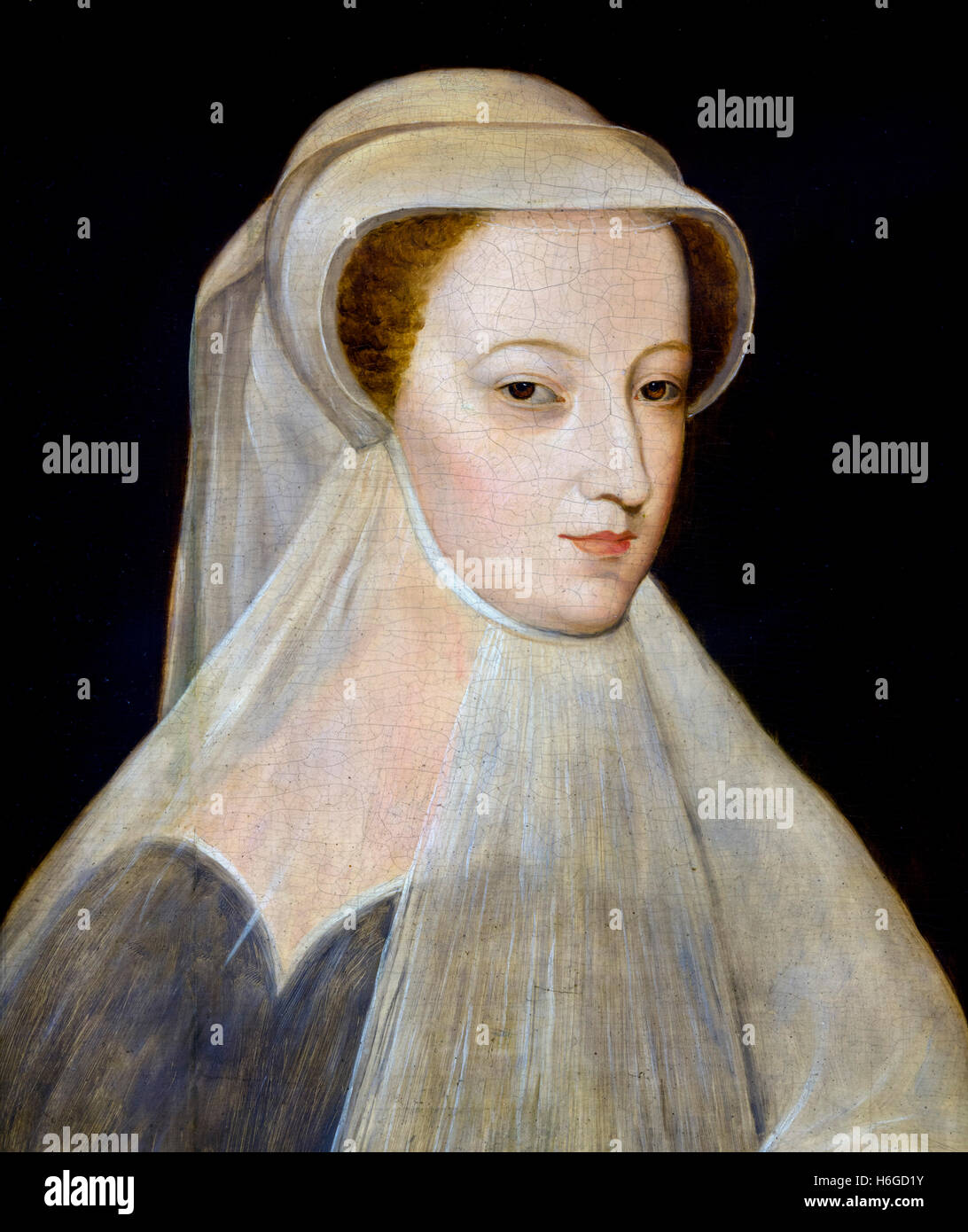 Mary Queen of Scots (1542-1587), portrait in white mourning, probably a 19th century replica after an image of 1561, oil on panel. Stock Photo