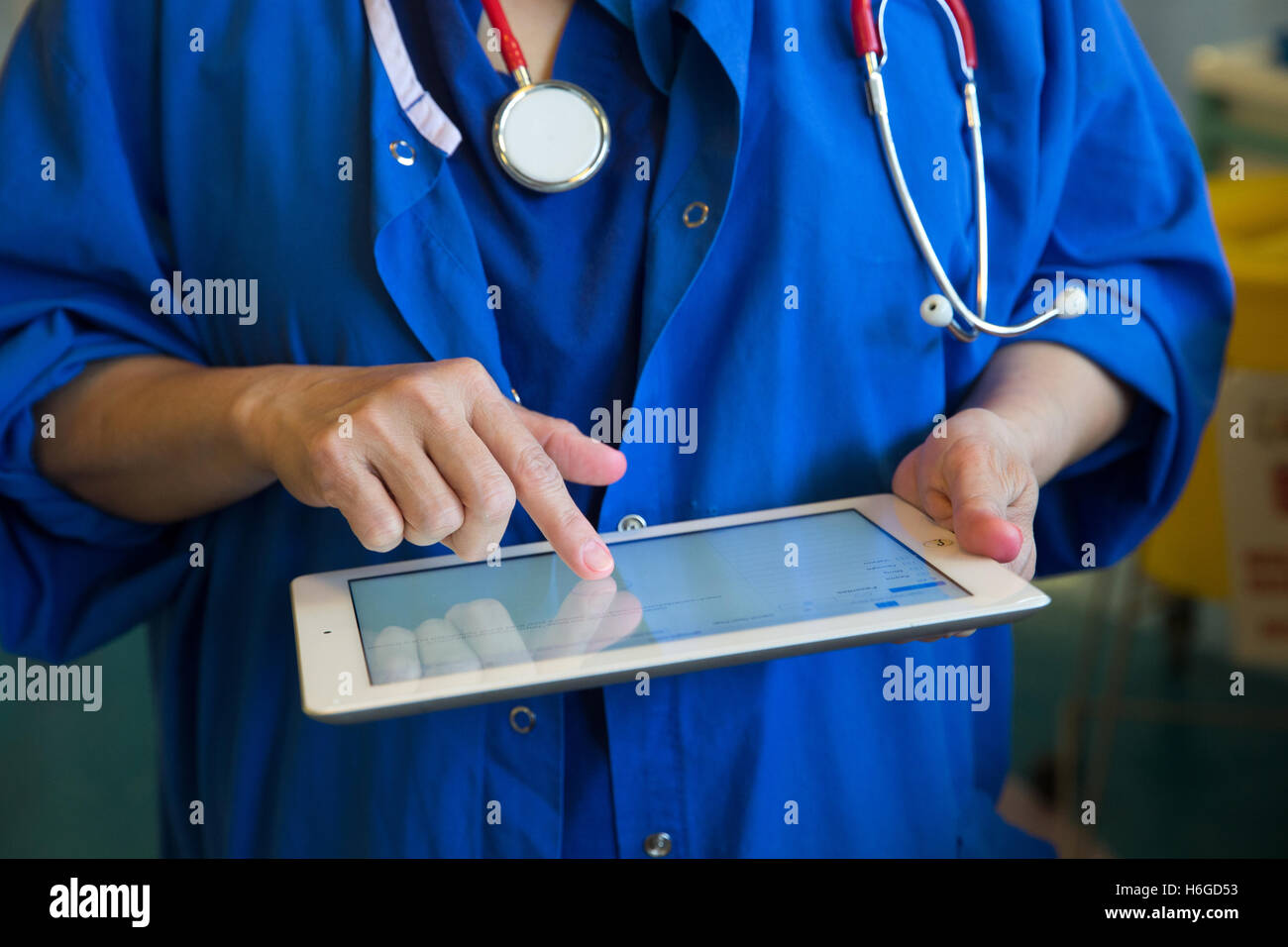 A doctor on a ward checks a patients' records on an Ipad Stock Photo