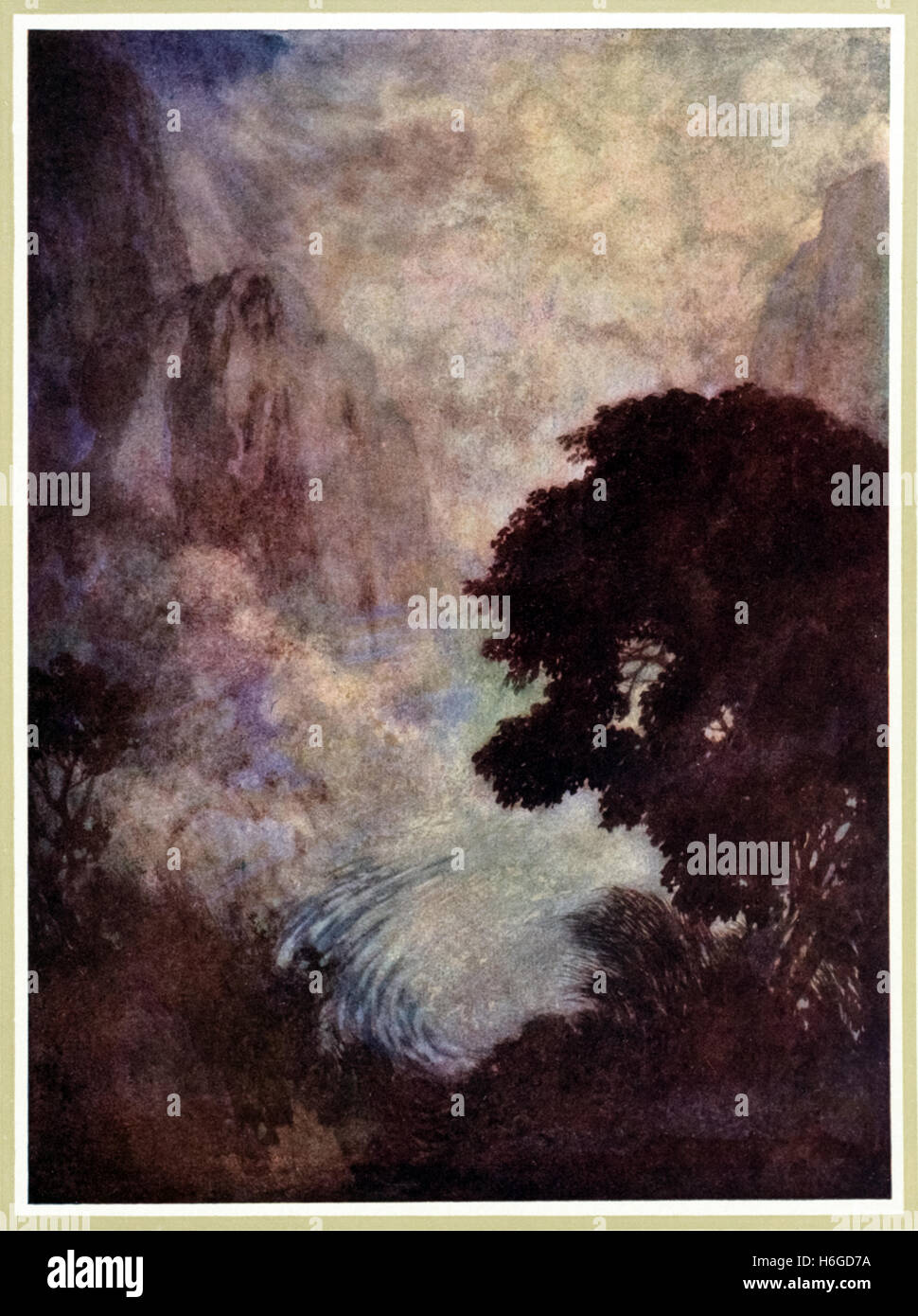 "Once it smiled a silent dell where the people did not dwell..." From ‘The Valley of Unrest’ a poem by Edgar Allan Poe (1809-1849) illustration by Edmund Dulac (1882-1953). See description for more information Stock Photo
