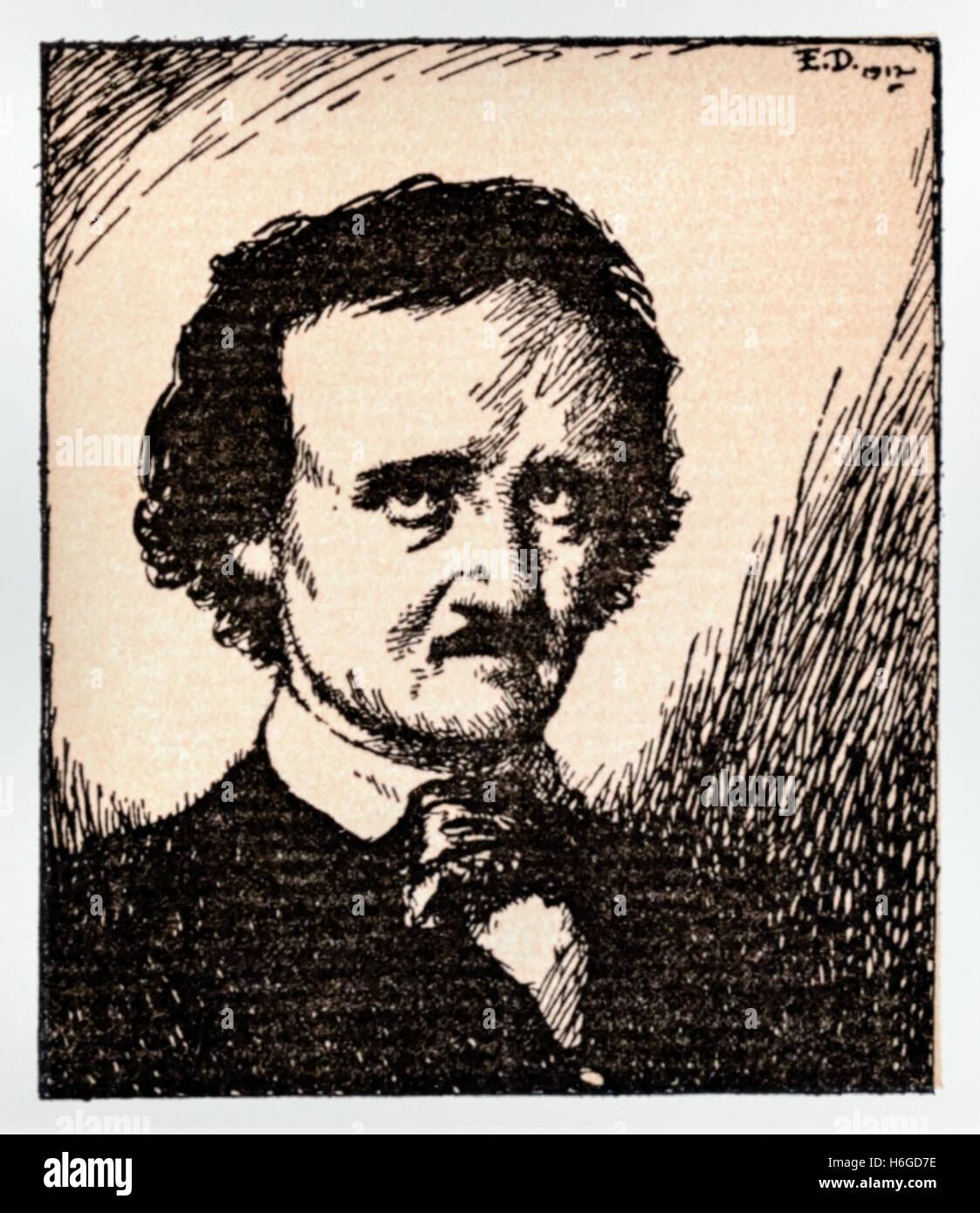 Portrait of Edgar Allan Poe (1809-1849), illustration by Edmund Dulac (1882-1953) who illustrated a collection of his works published in 1912. See description for more information Stock Photo