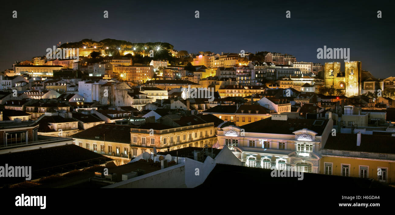 Beautiful nigh time view of old downtown in the city of Lisbon, Portugal Stock Photo