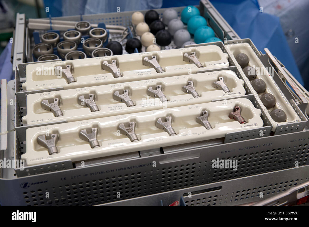 Drill bits and equipment for orthopedic surgery used in knee replacement surgery ready for use in a hospital theatre Stock Photo