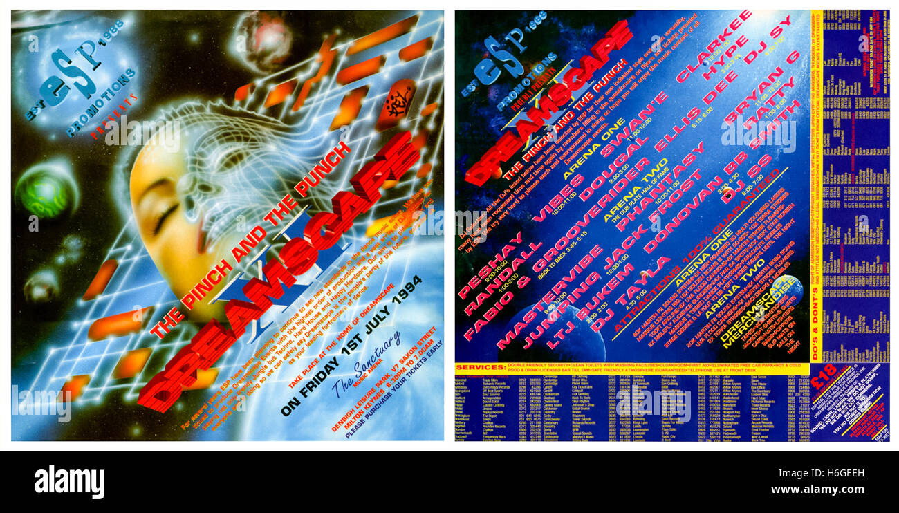 ‘Dreamscape XI The Pinch and the Punch’ 1 July 1994 rave flyer (image shows the front of the flyer on the left, back of the flyer on right), this was the eleventh large scale rave organised by promoters Dreamscape and was held at The Sanctuary in Milton Keynes, England. See description for more information. Stock Photo