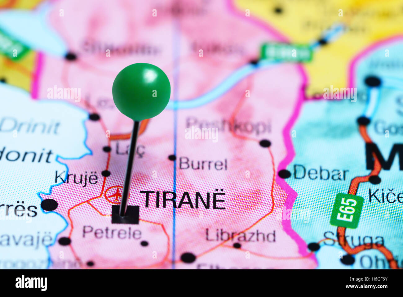 Tirana pinned on a map of Albania Stock Photo