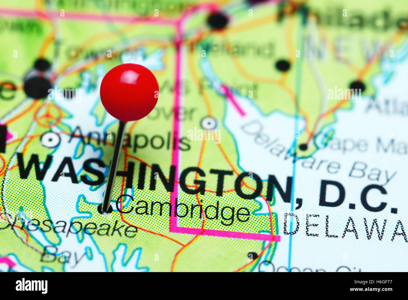 Cambridge pinned on a map of Maryland, USA Stock Photo