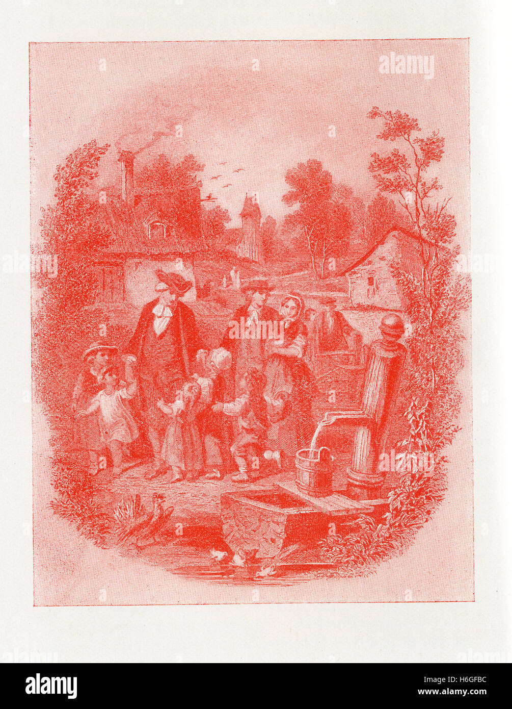 This illustration shows adults and young children, by a water fountain and with small structures in the background. This illustration accompanied am 1890s copy of the novel titled 'Twice Told Tales' by American writer Nathaniel Hawthorne ( 1804-1864). Stock Photo