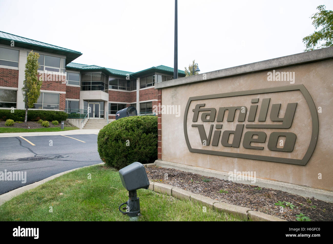 A logo sign outside of the headquarters of Family Video in Glenview, Illinois on October 15, 2016. Stock Photo