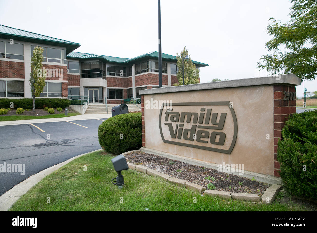 A logo sign outside of the headquarters of Family Video in Glenview, Illinois on October 15, 2016. Stock Photo