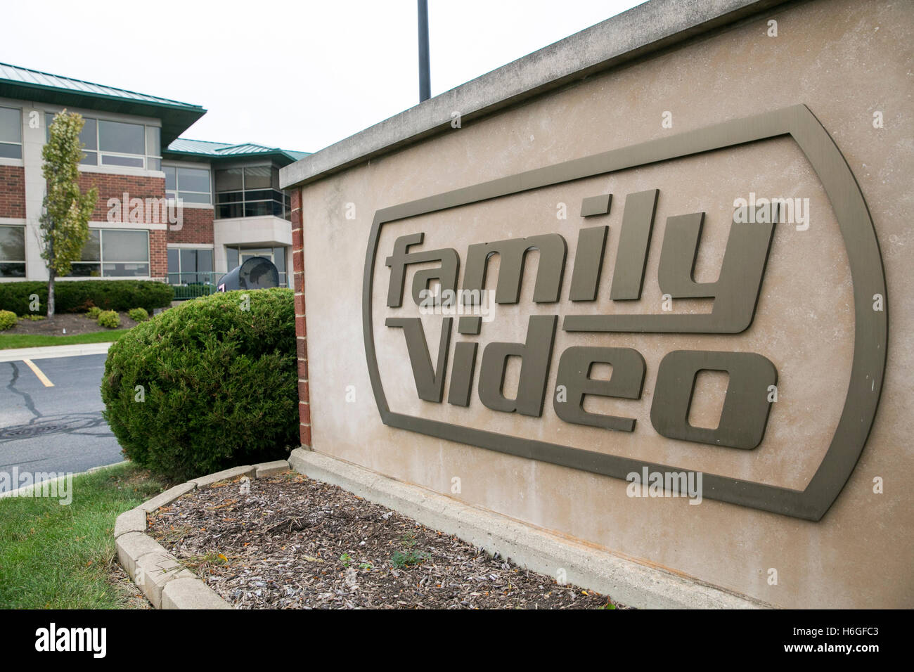 A logo sign outside of the headquarters of Family Video in Glenview, Illinois on October 15, 2016. Stock Photo