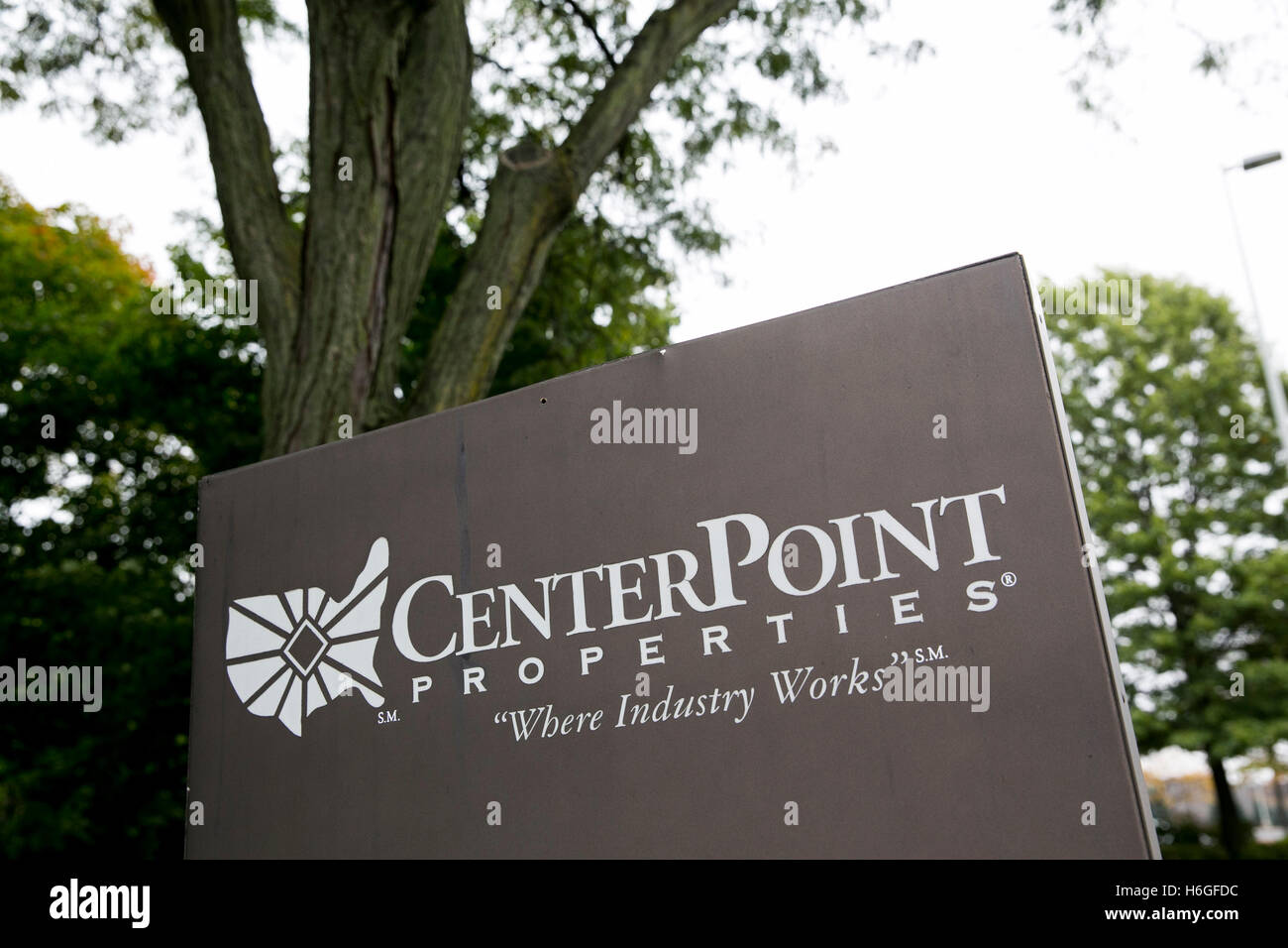 A logo sign outside of the headquarters of CenterPoint Properties in Oak Brook, Illinois on