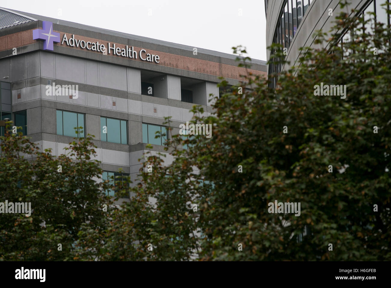 A logo sign outside of the headquarters of Advocate Health Care in Downers Grove, Illinois on October 15, 2016. Stock Photo