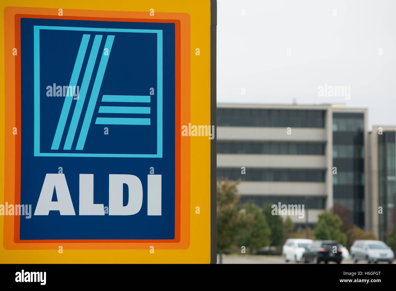 A logo sign outside of the ALDI US headquarters in Batavia, Illinois on