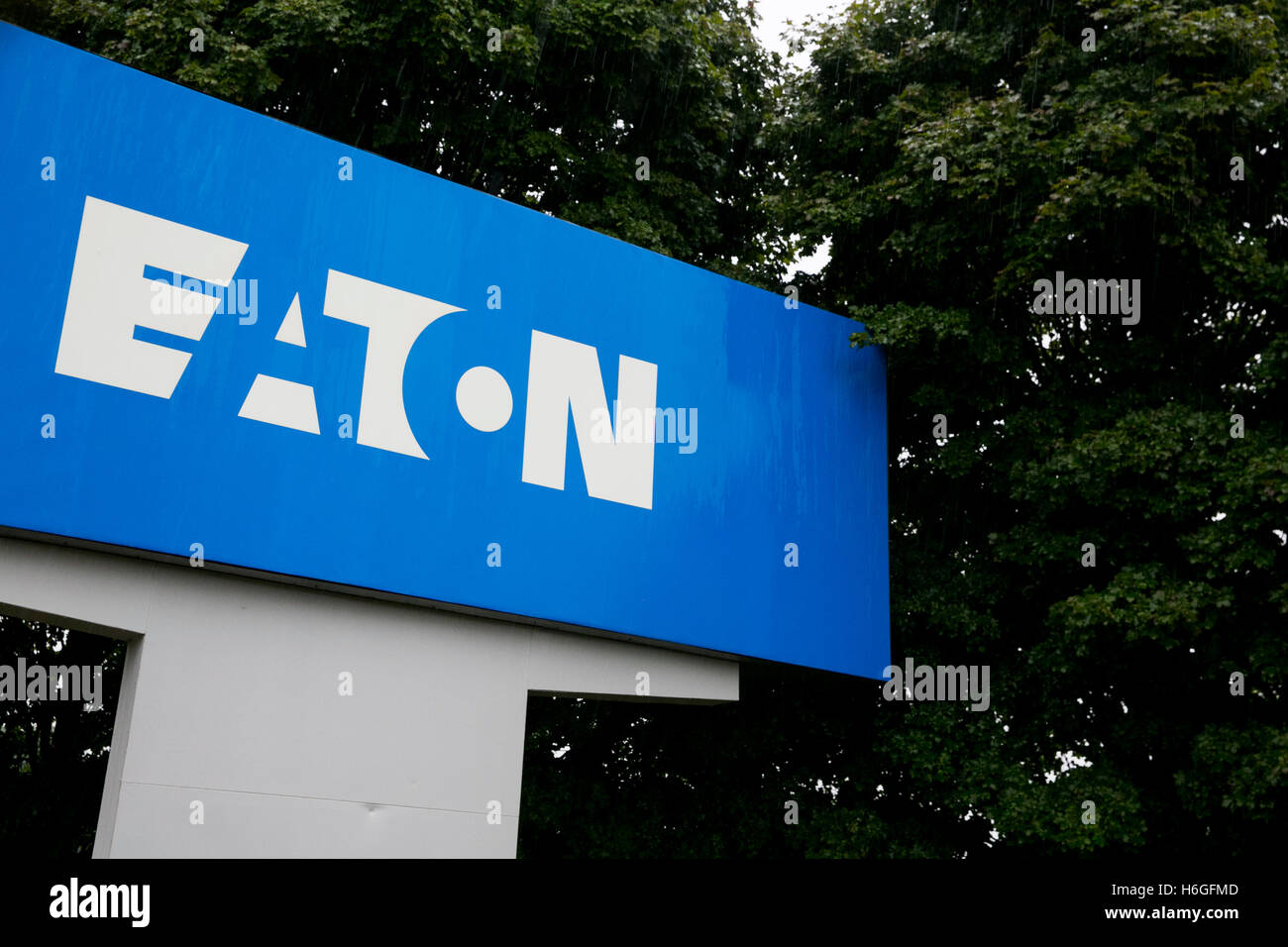 A logo sign outside of a facility occupied by the Eaton Corporation in