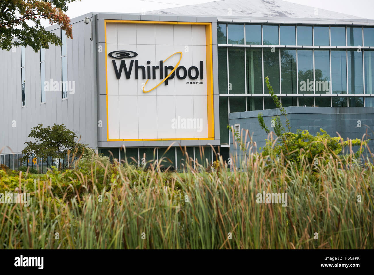 A logo sign outside of a facility occupied by The Whirlpool Corporation in Benton Harbor, Michigan on October 16, 2016. Stock Photo